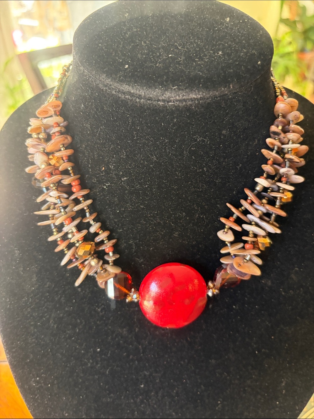 CJ Banks vintage Red Statement Necklace with Brown Shell Beads - Women Jewelry
